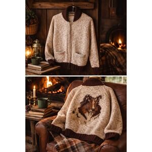 Vintage Grandpa Sweater Zip Knit Cardigan Lassie Collie Dog Lodge Cozy READ